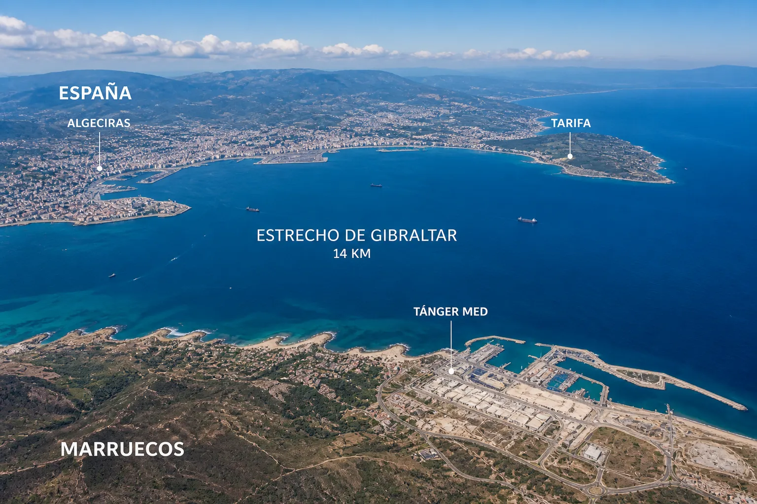 Vista aérea del Estrecho de Gibraltar entre Europa y África