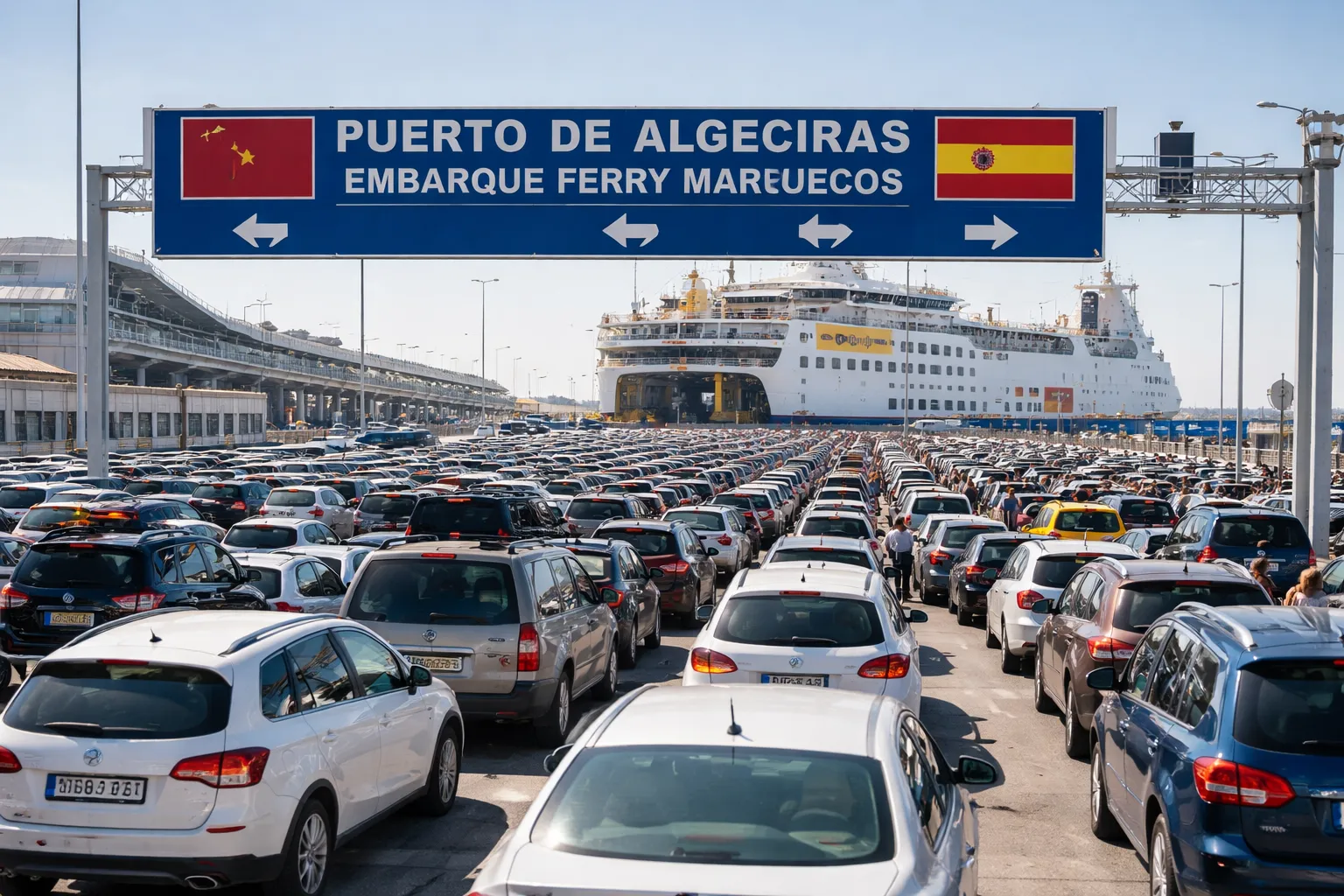 Fila de coches en el puerto de Algeciras durante el embarque del ferry hacia Marruecos