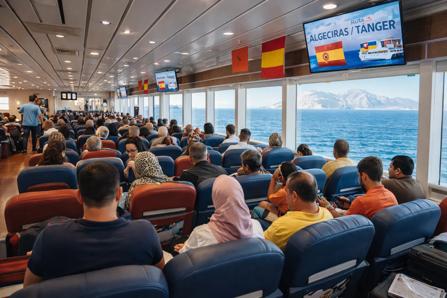 Interior del ferry de pasajeros en la travesía Algeciras–Tánger Med